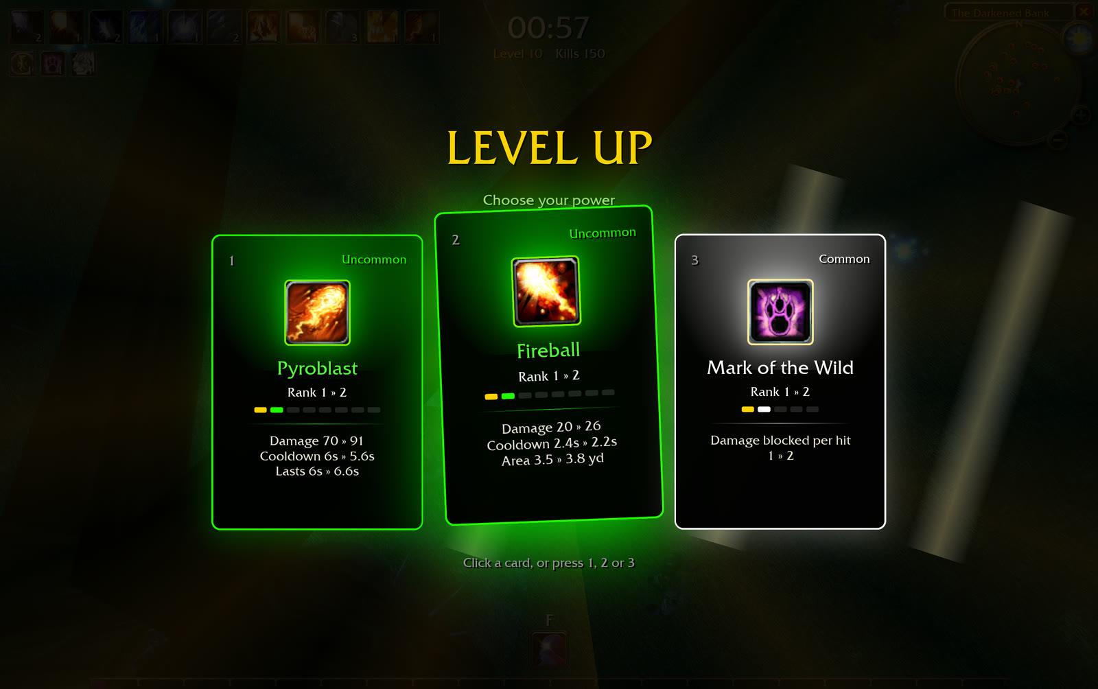 Community reconstruction: three level-up upgrade cards show spell choices and stat changes